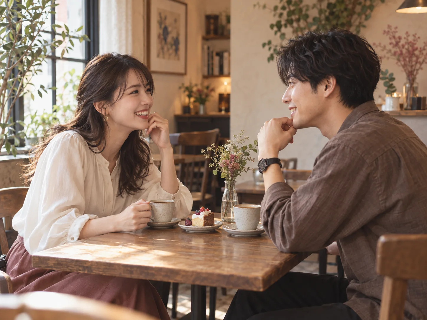 カフェで向かい合い、笑顔で会話するふたりのイメージ
