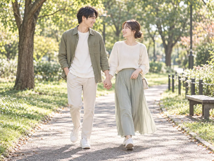 公園で手をつないで散歩するふたりのイメージ