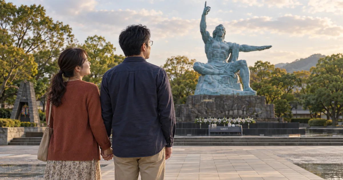 平和公園でデートを楽しむふたりをイメージしたAI画像