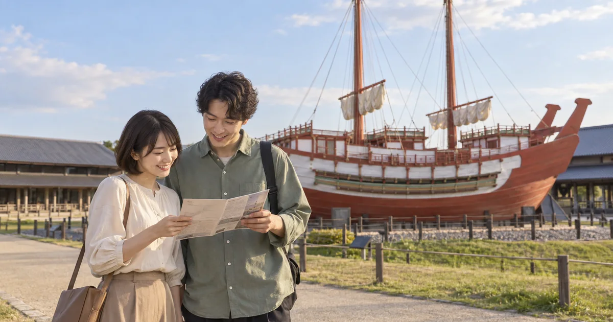 平城宮跡歴史公園でデートを楽しむふたりをイメージしたAI画像
