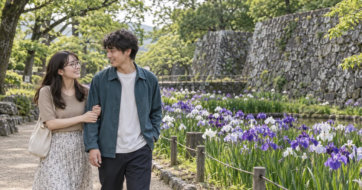 大村公園でデートを楽しむふたりをイメージしたAI画像