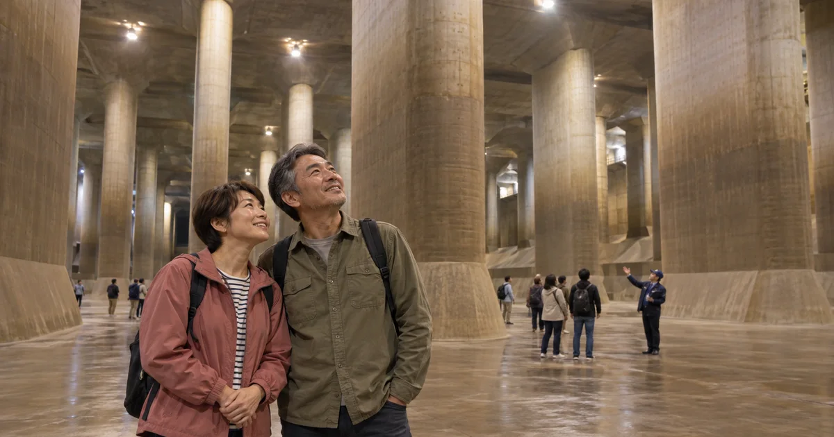 首都圏外郭放水路でデートを楽しむふたりをイメージしたAI画像