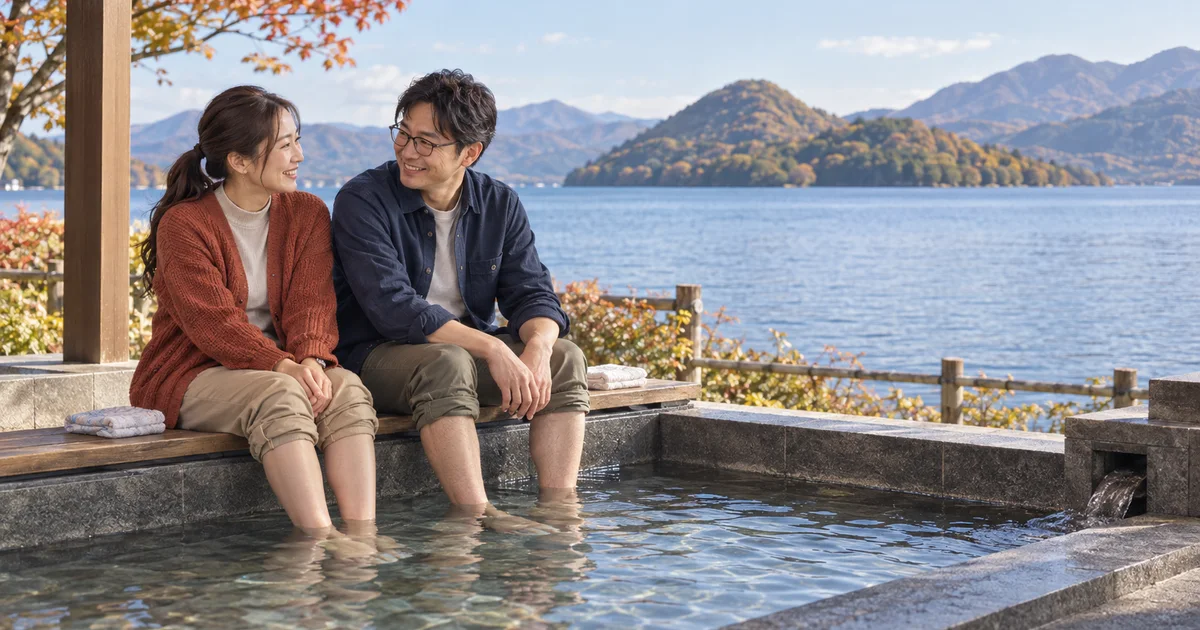 洞爺湖温泉でデートを楽しむふたりをイメージしたAI画像