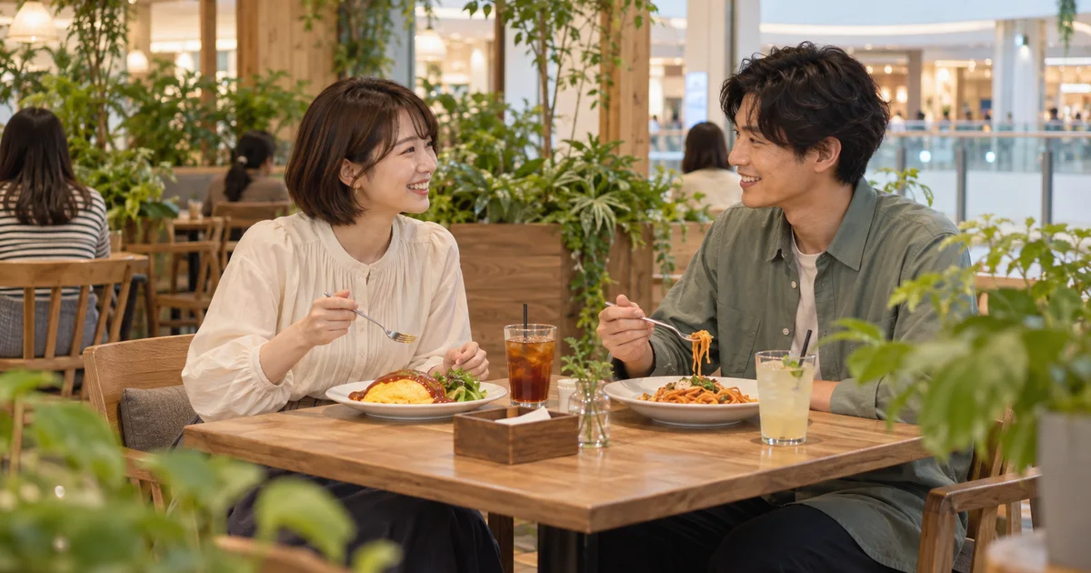 イオンモール奈良登美ヶ丘でデートを楽しむふたりをイメージしたAI画像