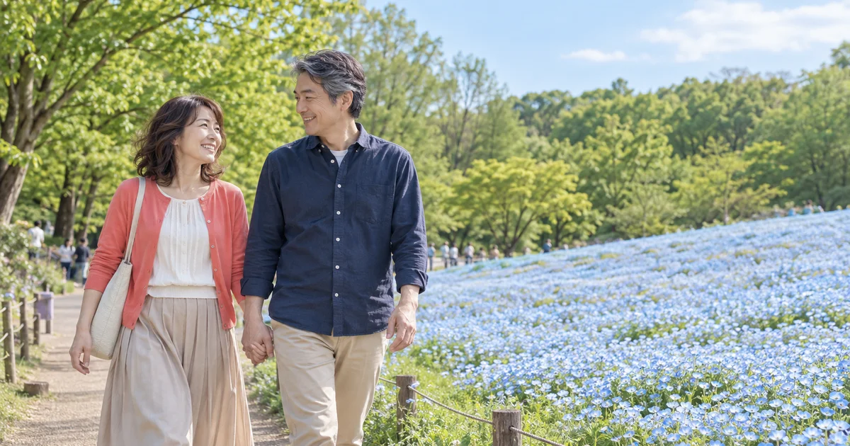 国営武蔵丘陵森林公園でデートを楽しむふたりをイメージしたAI画像