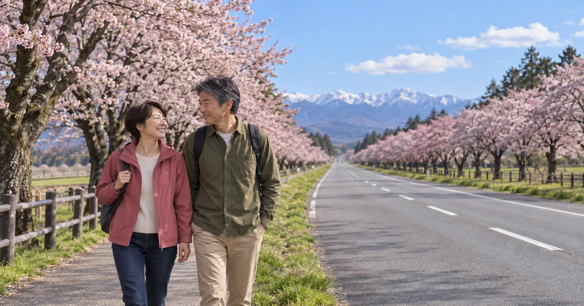 二十間道路桜並木でデートを楽しむふたりをイメージしたAI画像