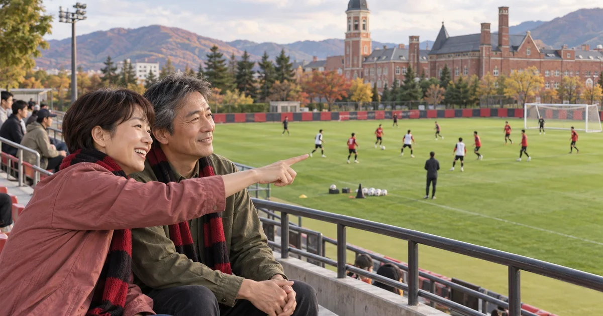 宮の沢白い恋人サッカー場でデートを楽しむふたりをイメージしたAI画像