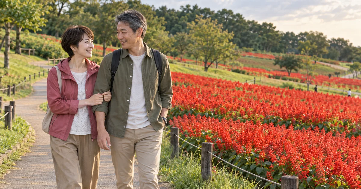 大宮花の丘農林公苑でデートを楽しむふたりをイメージしたAI画像