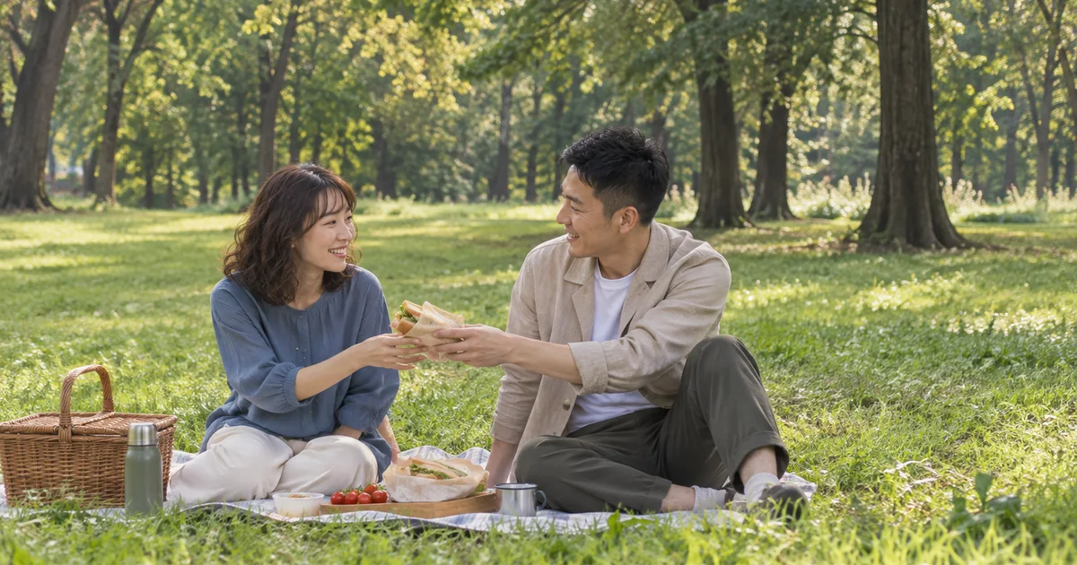 秋ヶ瀬公園でデートを楽しむふたりをイメージしたAI画像