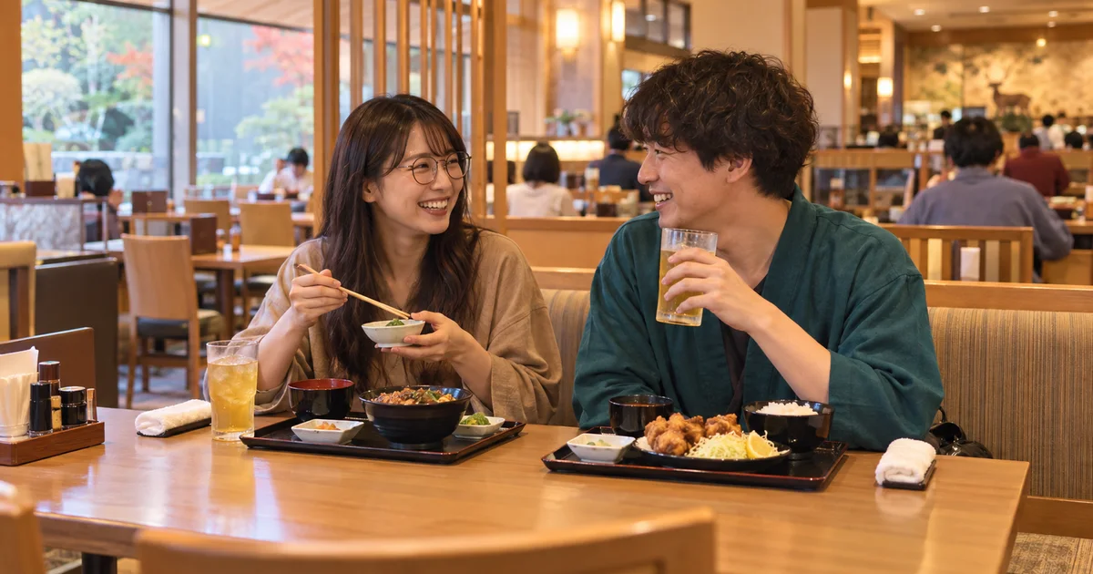 奈良健康ランドでデートを楽しむふたりをイメージしたAI画像