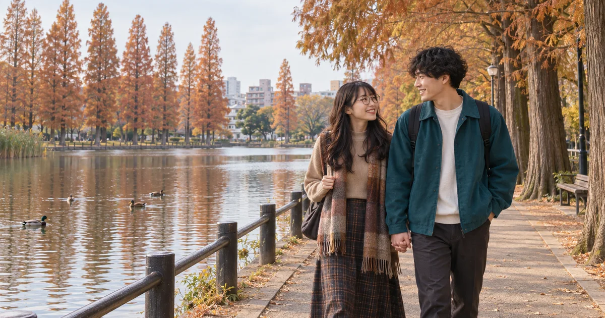 別所沼公園でデートを楽しむふたりをイメージしたAI画像