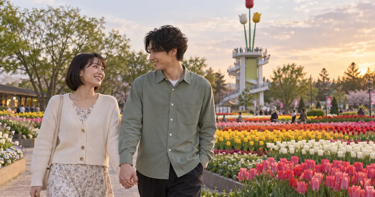 砺波チューリップ公園でデートを楽しむふたりをイメージしたAI画像