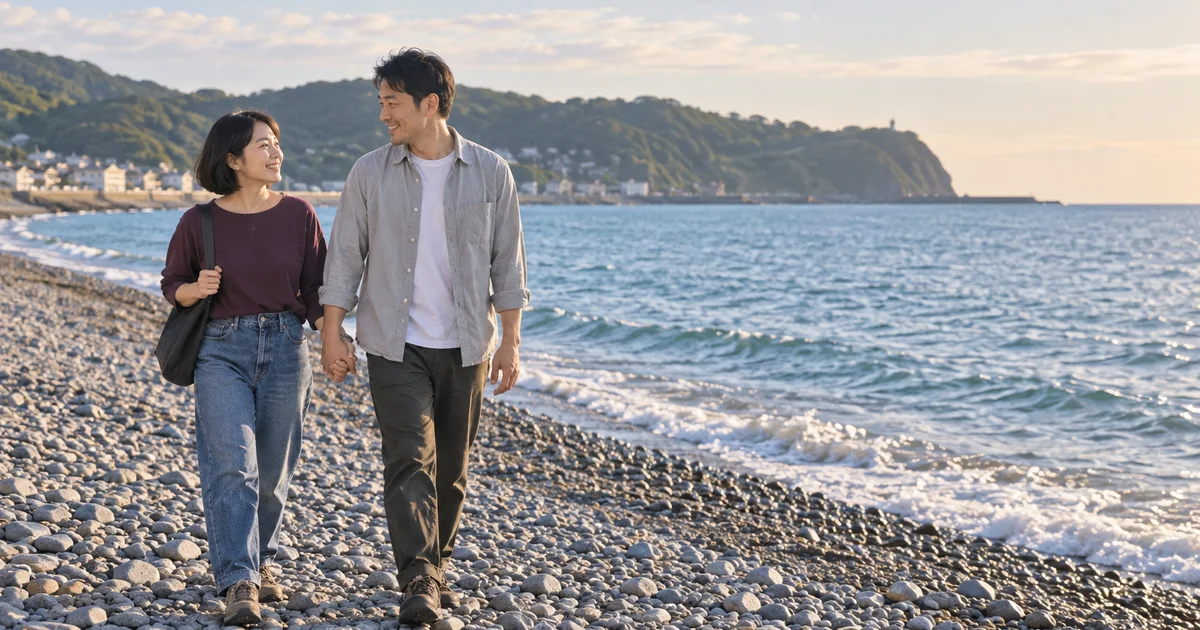 東小樽海水浴場でデートを楽しむふたりをイメージしたAI画像