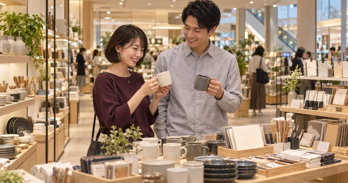 旧・香林坊東急スクエア（現クラソ・プレイス香林坊）で雑貨を選ぶふたりのデートをイメージしたAI生成画像