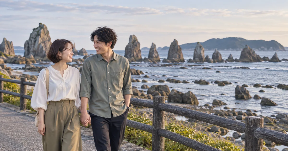 橋杭岩でデートを楽しむふたりをイメージしたAI画像