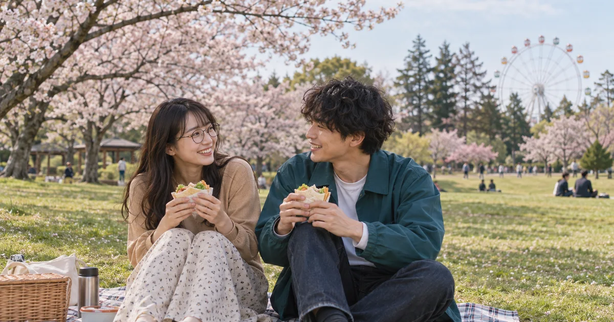 八戸公園でデートを楽しむふたりをイメージしたAI画像