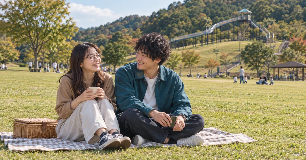 鴻ノ巣山運動公園でデートを楽しむふたりをイメージしたAI画像