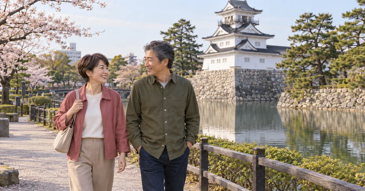 富山城址公園でデートを楽しむふたりをイメージしたAI画像
