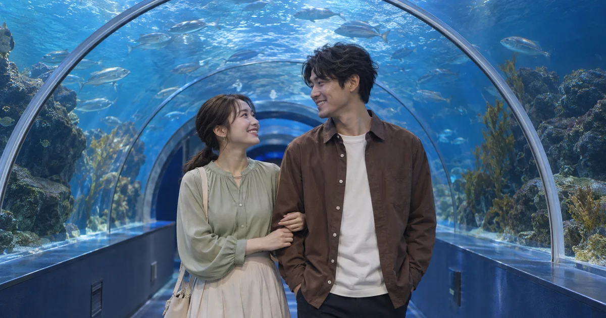 浅虫水族館でデートを楽しむふたりをイメージしたAI画像