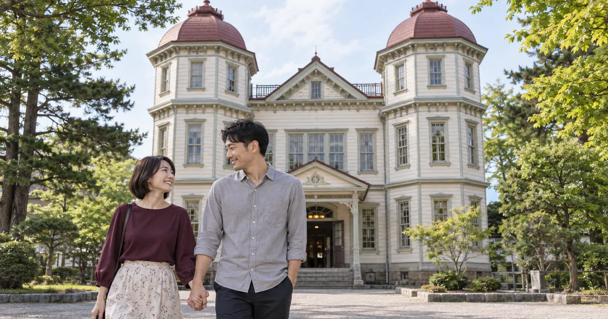 旧弘前市立図書館でデートを楽しむふたりをイメージしたAI画像