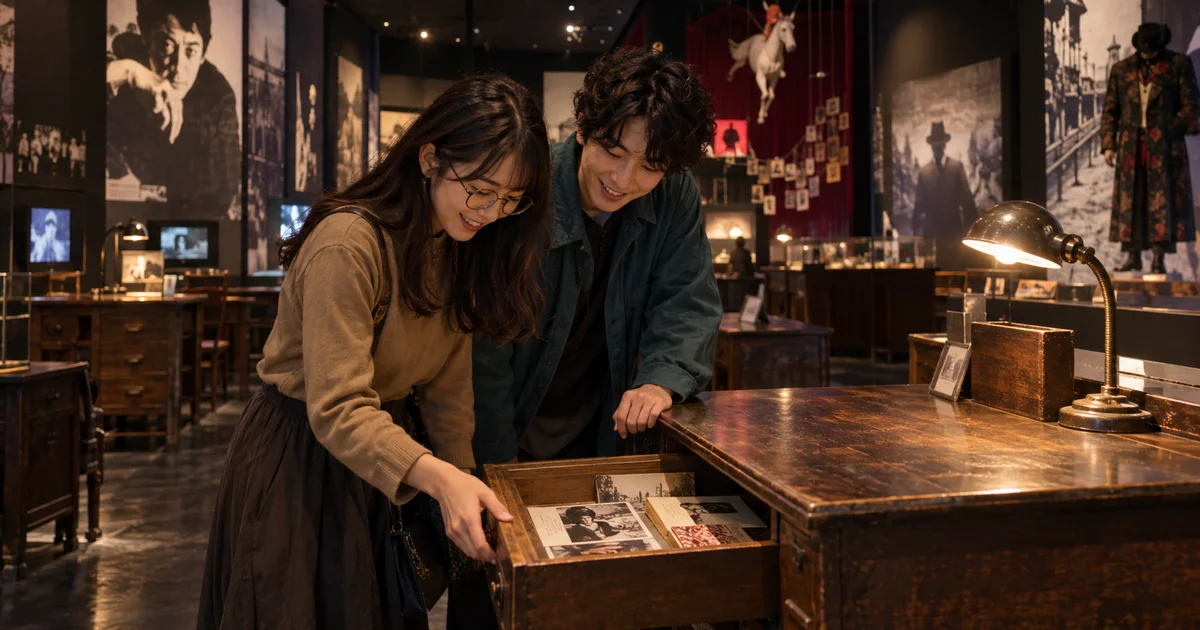 寺山修司記念館でデートを楽しむふたりをイメージしたAI画像