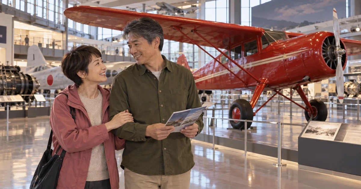 青森県立三沢航空科学館でデートを楽しむふたりをイメージしたAI画像