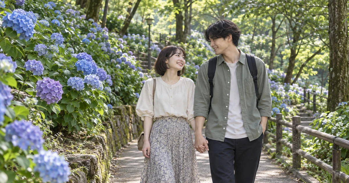 足羽山公園でデートを楽しむふたりをイメージしたAI画像