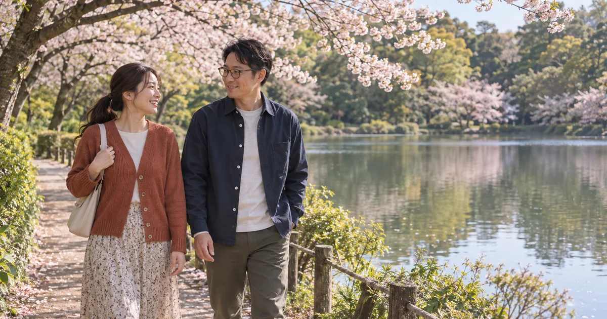 神奈川県立三ツ池公園でデートを楽しむふたりをイメージしたAI画像