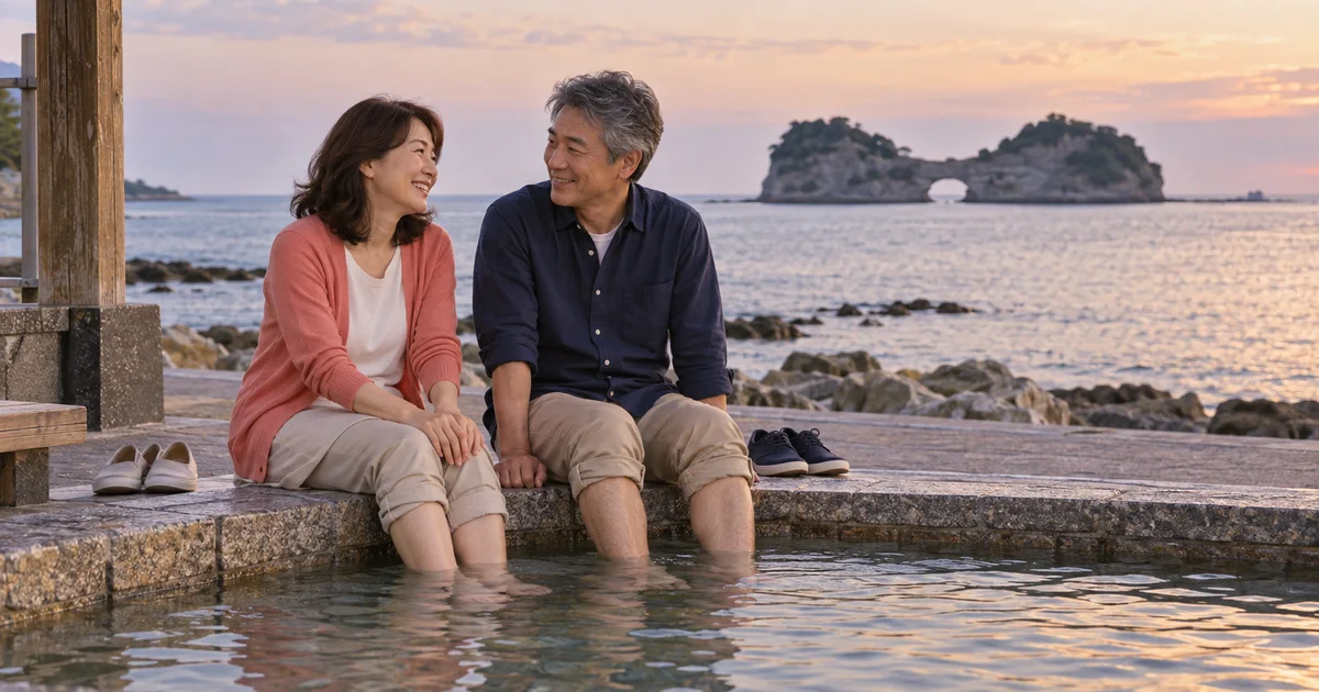 南紀白浜温泉でデートを楽しむふたりをイメージしたAI画像