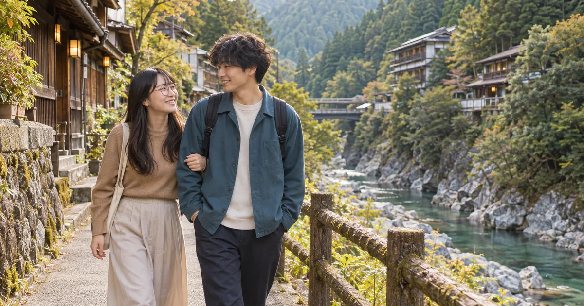 龍神温泉でデートを楽しむふたりをイメージしたAI画像