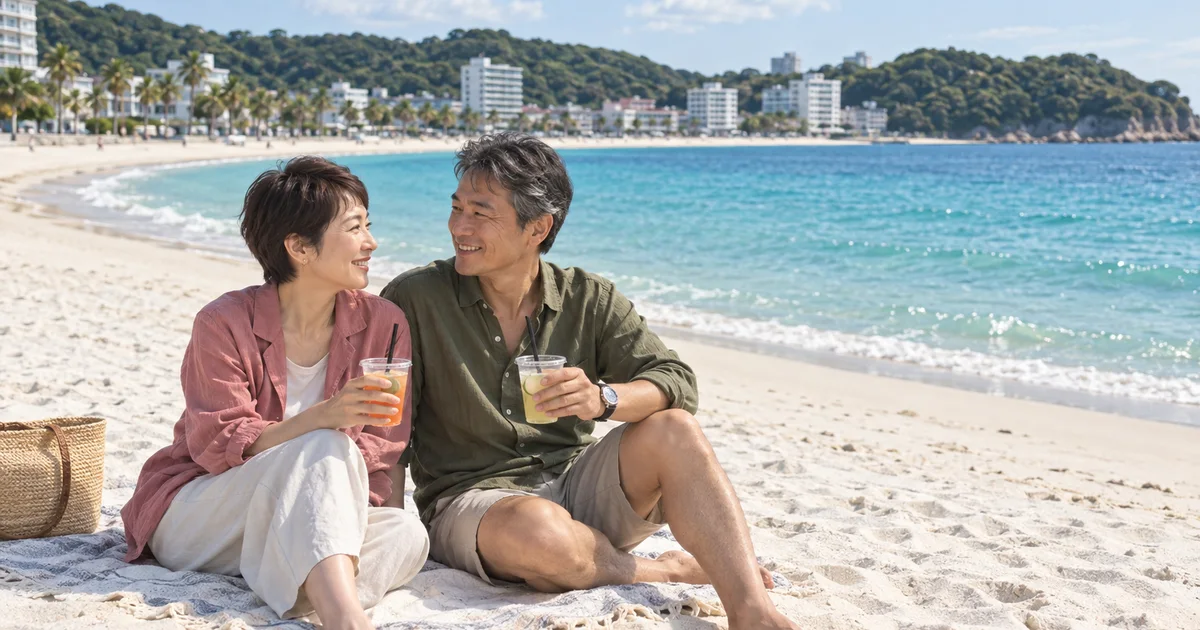 白良浜でデートを楽しむふたりをイメージしたAI画像