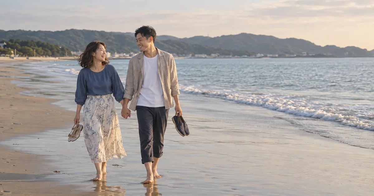 片男波海水浴場でデートを楽しむふたりをイメージしたAI画像