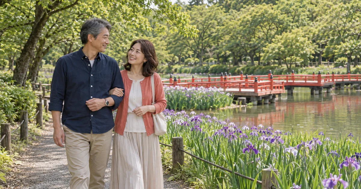 岩槻城址公園でデートを楽しむふたりをイメージしたAI画像