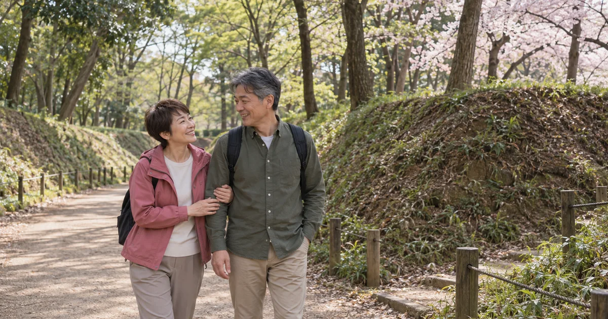 滝の城址公園でデートを楽しむふたりをイメージしたAI画像