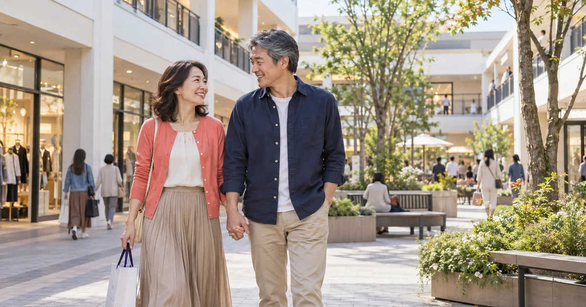 三井アウトレットパーク入間でデートを楽しむふたりをイメージしたAI画像