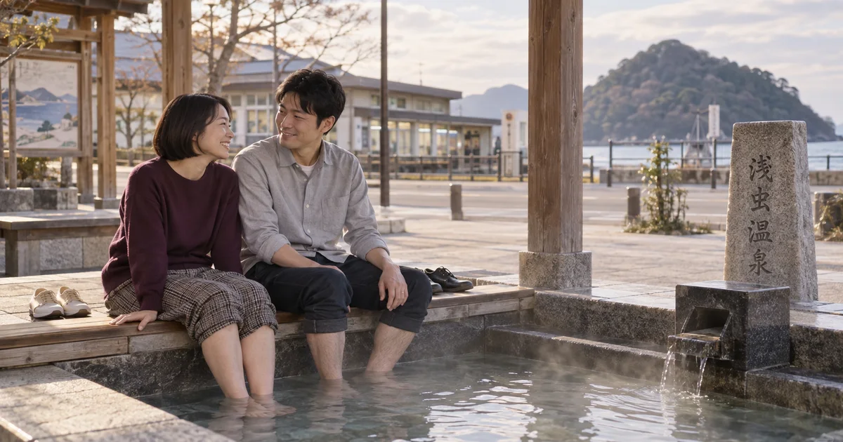 浅虫温泉でデートを楽しむふたりをイメージしたAI画像