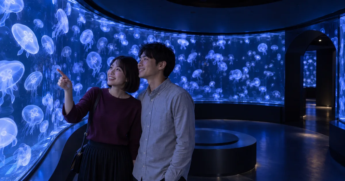 京都水族館でデートを楽しむふたりをイメージしたAI画像