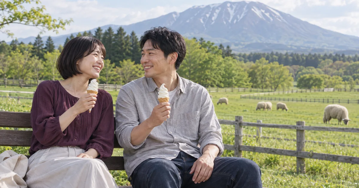 小岩井農場でデートを楽しむふたりをイメージしたAI画像
