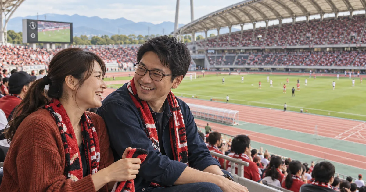えがお健康スタジアムでデートを楽しむふたりをイメージしたAI画像