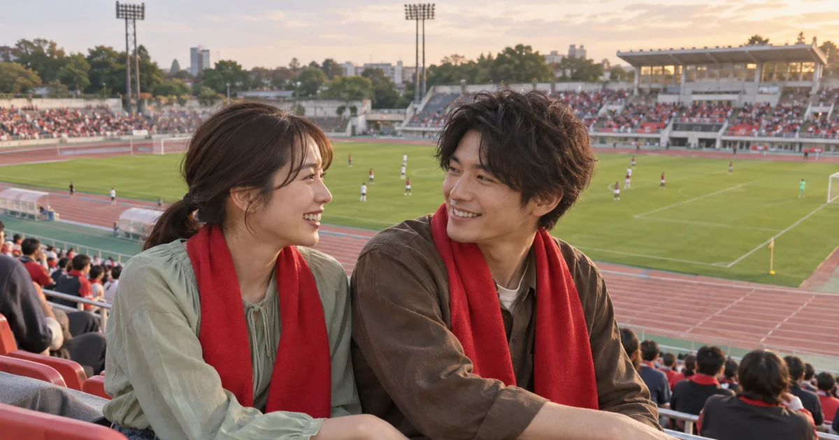 浦和駒場スタジアムでデートを楽しむふたりをイメージしたAI画像