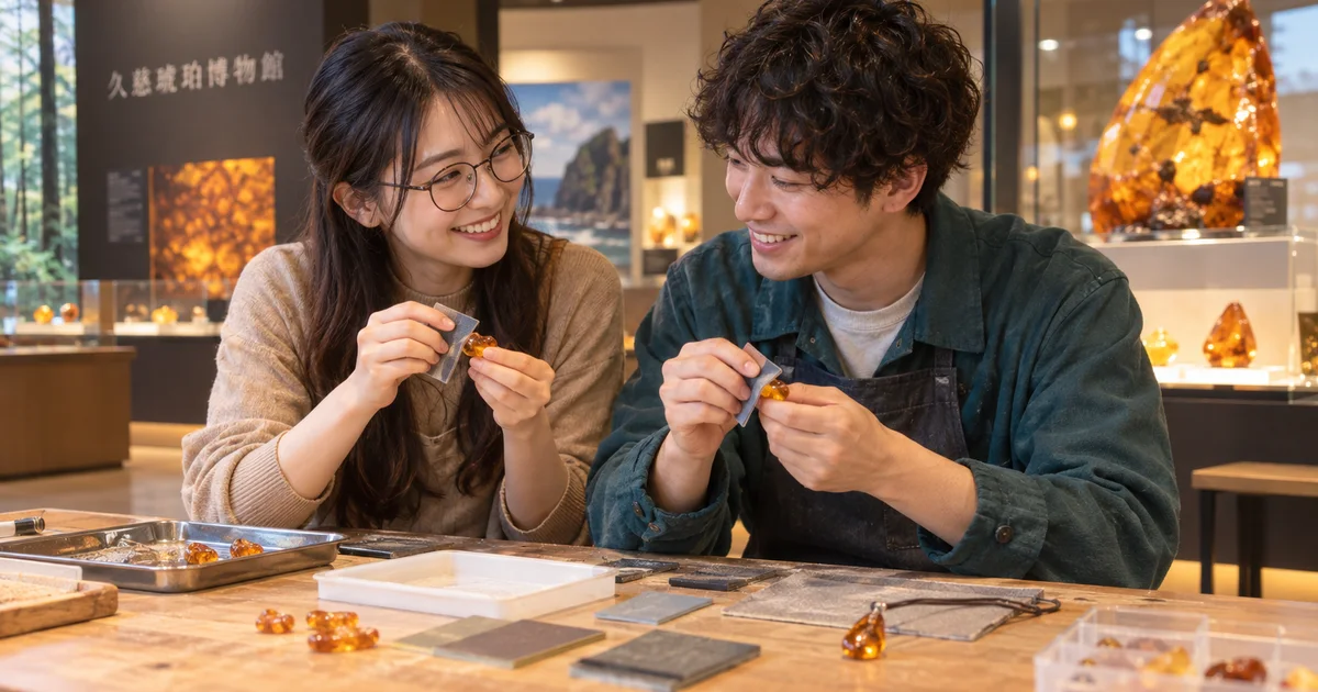 久慈琥珀博物館でデートを楽しむふたりをイメージしたAI画像