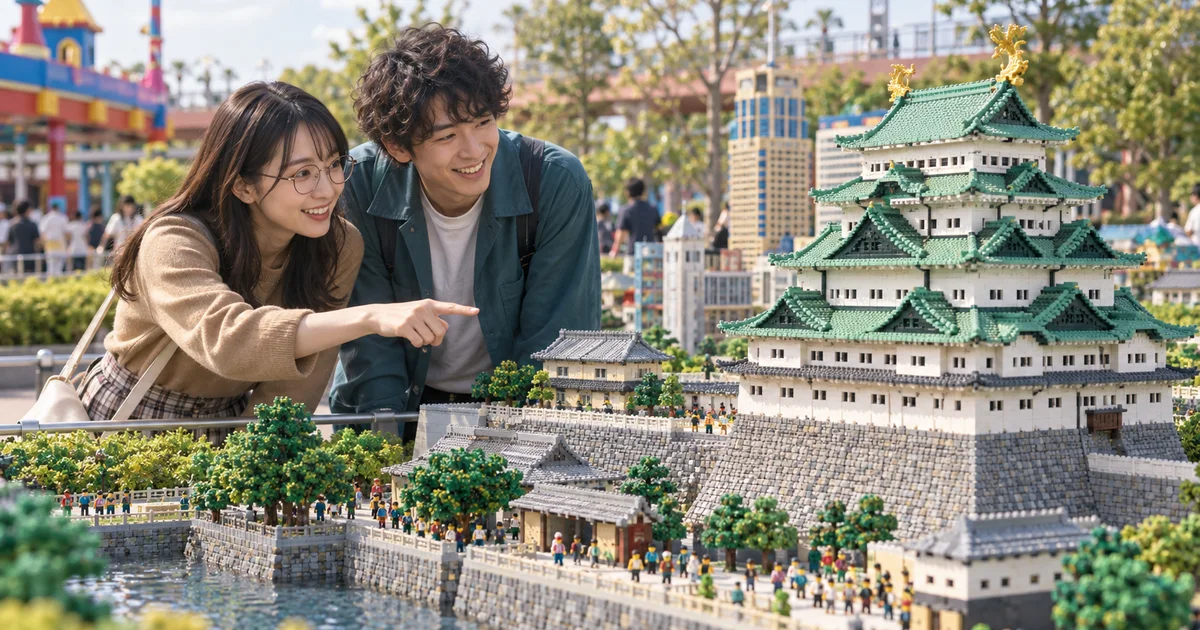 レゴランド・ジャパンでデートを楽しむふたりをイメージしたAI画像
