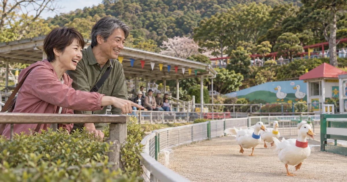 別府ラクテンチでデートを楽しむふたりをイメージしたAI画像