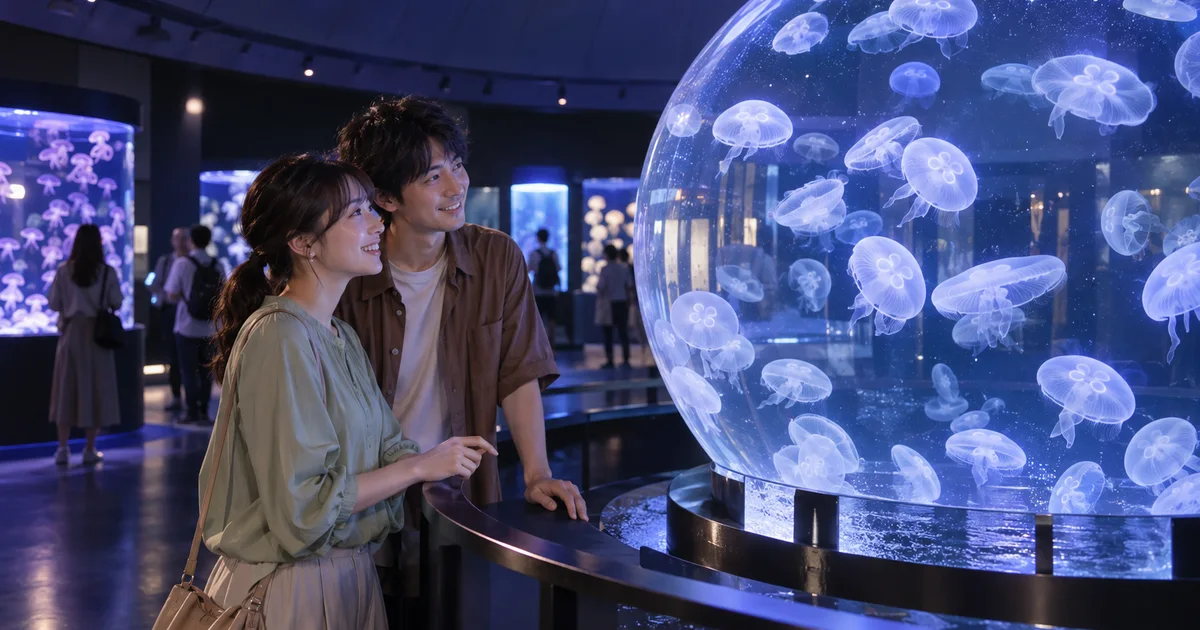 新江ノ島水族館でデートを楽しむふたりをイメージしたAI画像