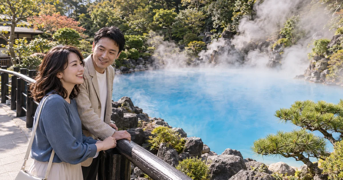 別府地獄めぐりでデートを楽しむふたりをイメージしたAI画像
