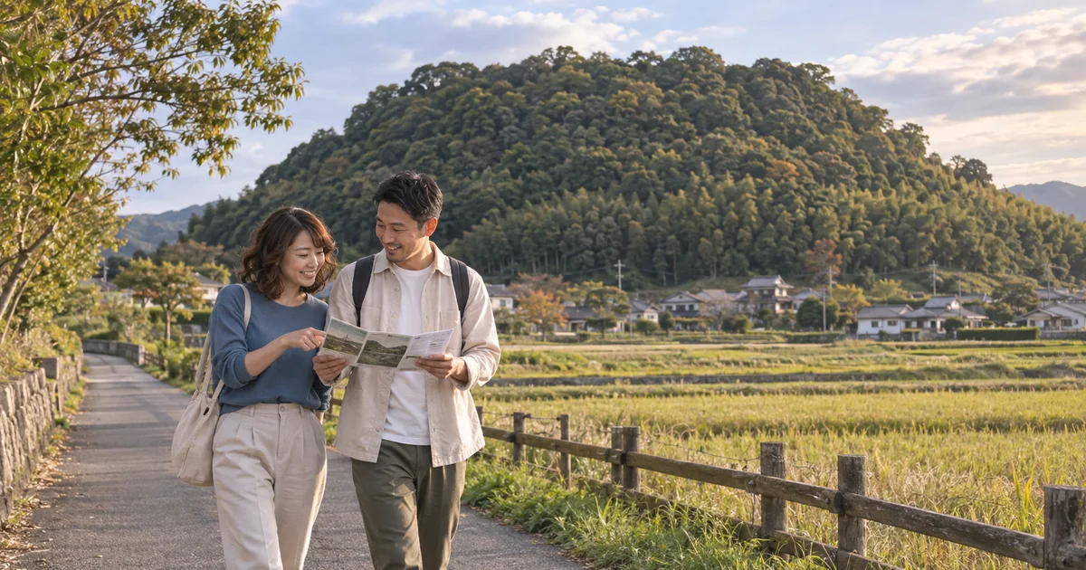 造山古墳でデートを楽しむふたりをイメージしたAI画像
