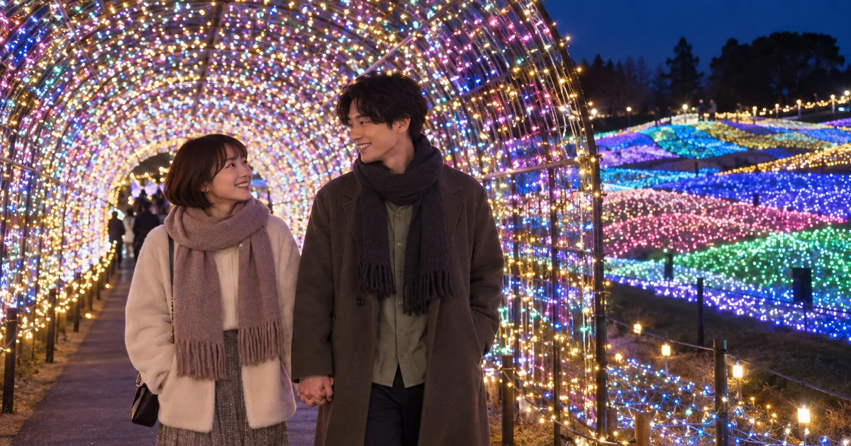東京ドイツ村でデートを楽しむふたりをイメージしたAI画像