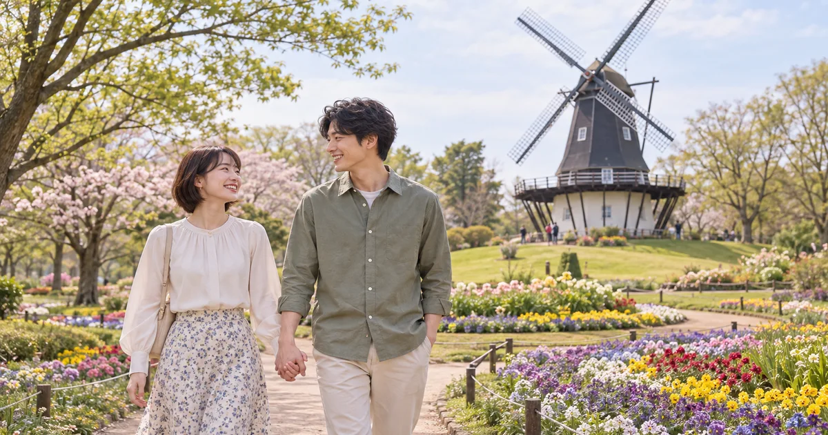 ふなばしアンデルセン公園でデートを楽しむふたりをイメージしたAI画像