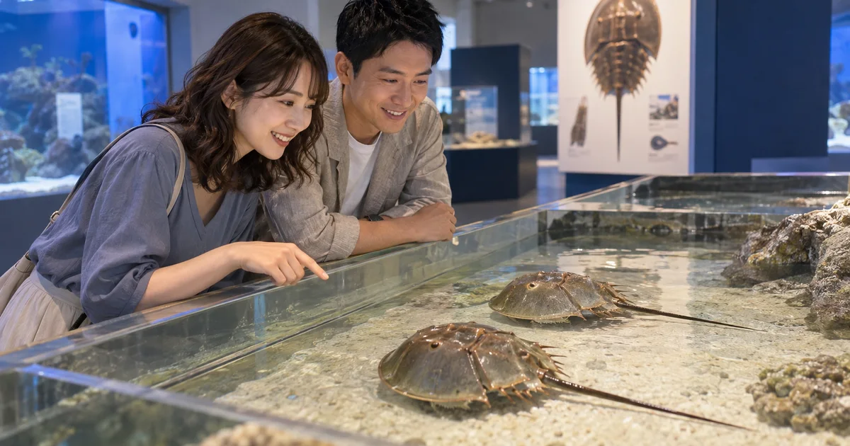 笠岡市立カブトガニ博物館でデートを楽しむふたりをイメージしたAI画像