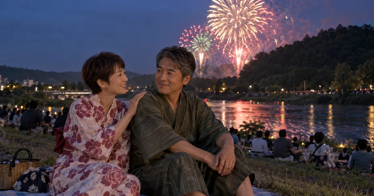 仙台七夕花火祭でデートを楽しむふたりをイメージしたAI画像